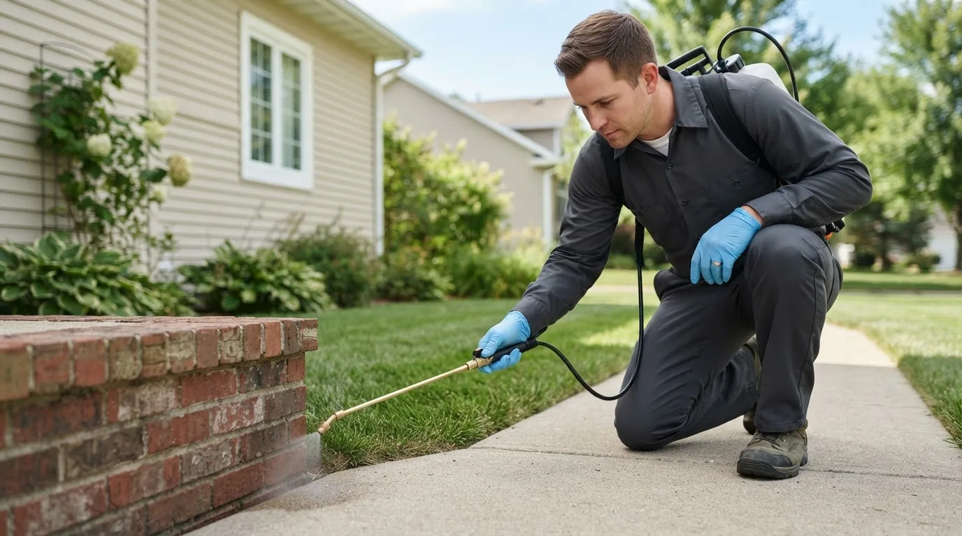Pest control technician treating a home near Rock Island, IL