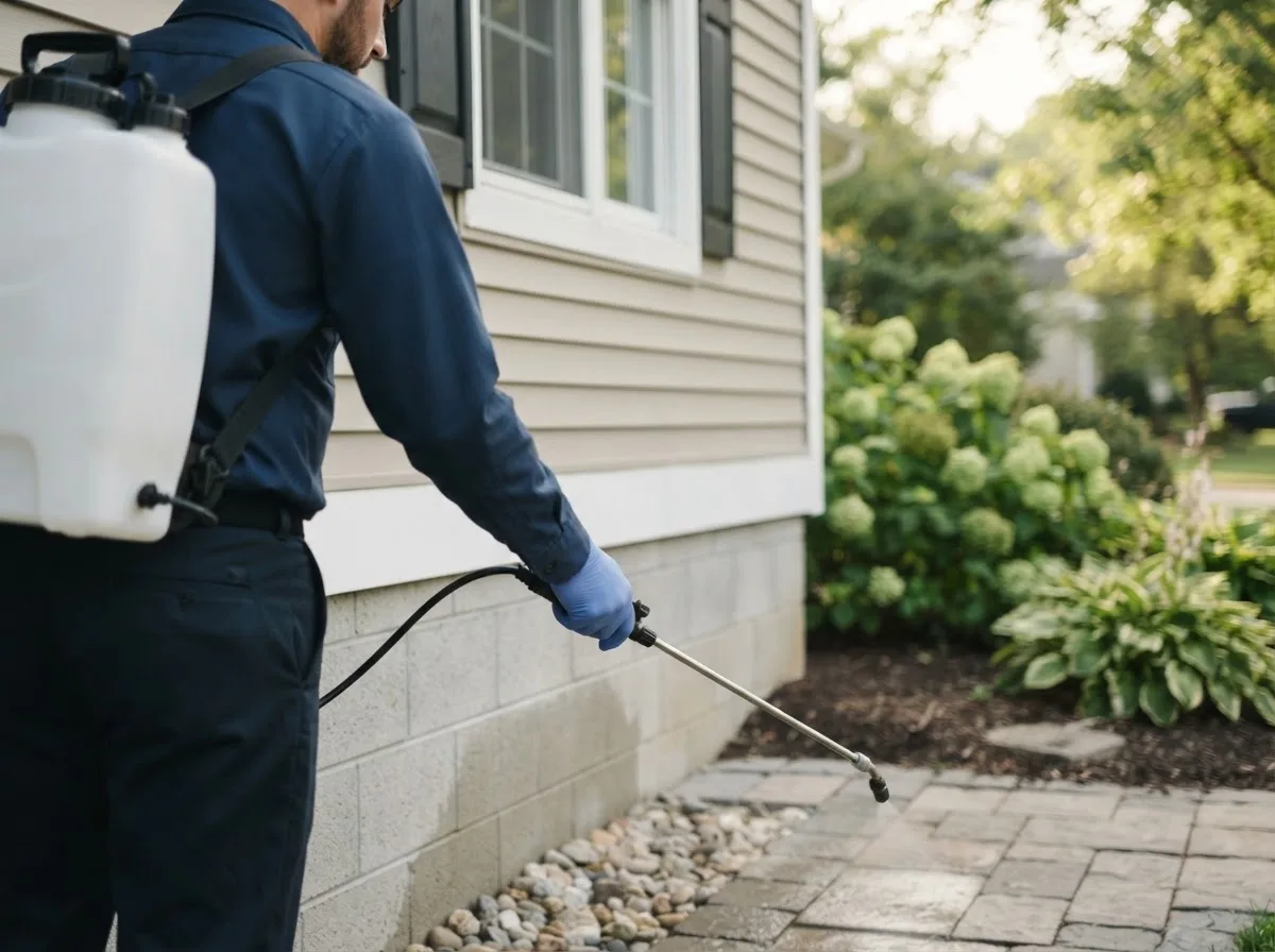 Pest control technician inspecting a home in Rock Island, IL